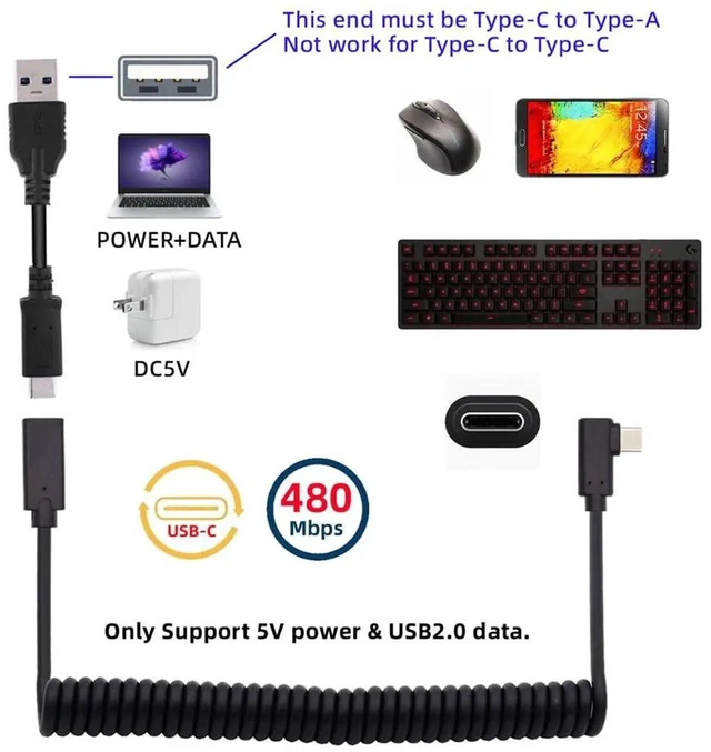 Alt view image 3 of 7 - AJMRTC Stretch Coiled USBC Male to Female Extension Cable, Retractable Spring Power & Data Cord for USBC Gaming Keyboard Mouse, USB2.0 480Mbps for Desktop Gaming Setup Peripheral Extension