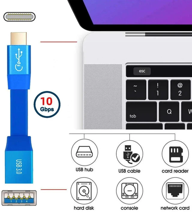 Alt view image 3 of 7 - AJMRTC 20cm Ultra Flat Slim Blue USBC Male to USB3.0A Female OTG Cable, USB3.2 Gen2 10Gbps OnTheGo Short Ribbon Cord for Laptops, Computers, External Disks, SSD, Digital Cameras HighSpeed Data Tr