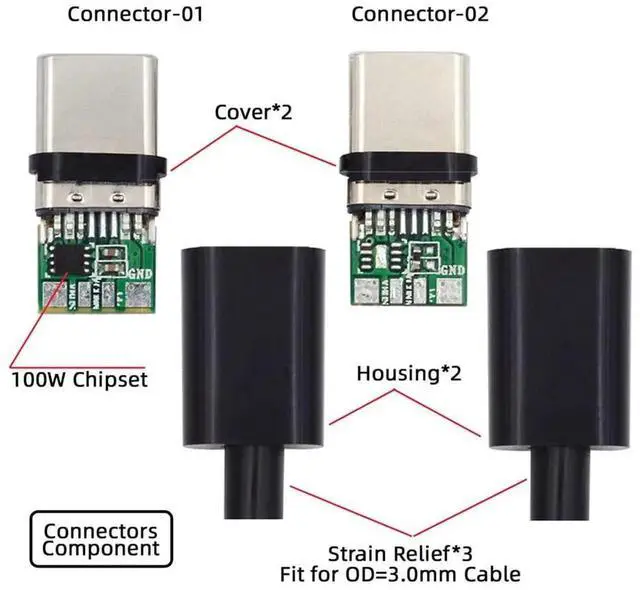 Alt view image 7 of 7 - AJMRTC DIY OEM 2Sets/Lot 24Pin USBC Male to Male Connector Plug Kit, 100W PD USB2.0 Data SolderType Assemble Plug with Housing Cover for Cable DIY Repair Project