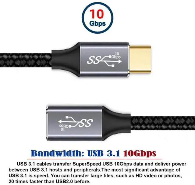 Alt view image 3 of 7 - AJMRTC 50cm USBC Male to Female Extension Cable, USB 3.1 Gen2 10Gbps 100W PD Fast Charging Data Sync Cord with Sleeve for Laptops, Phones, Tablets, USBC Peripherals