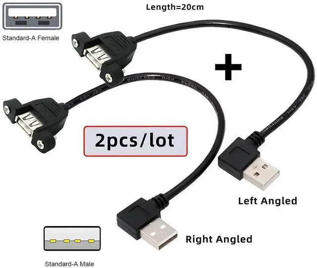 Alt view image 3 of 7 - AJMRTC 2Pcs PanelMount 90 Degree Left & Right Angled USB 2.0 TypeA Male to Female Extension Cable, 20cm Short Panel Type USBA Extender Cord for PC, Cabinet, Dashboard, USB Peripherals