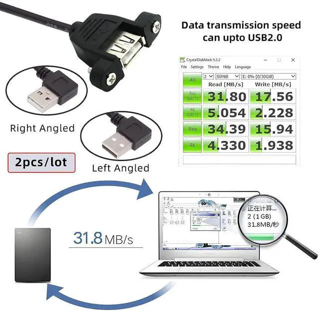 Alt view image 2 of 7 - AJMRTC 2Pcs PanelMount 90 Degree Left & Right Angled USB 2.0 TypeA Male to Female Extension Cable, 20cm Short Panel Type USBA Extender Cord for PC, Cabinet, Dashboard, USB Peripherals