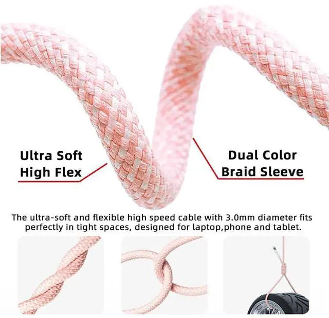 Alt view image 3 of 7 - AJMRTC USBC Male to Male PD Fast Charging Cable, 20cm Short Pink Sleeve TypeC Cord, 27W 65W Power Delivery & 480Mbps Data Sync Cable for Smartphones, Tablets, Laptops, USBC Enabled Devices