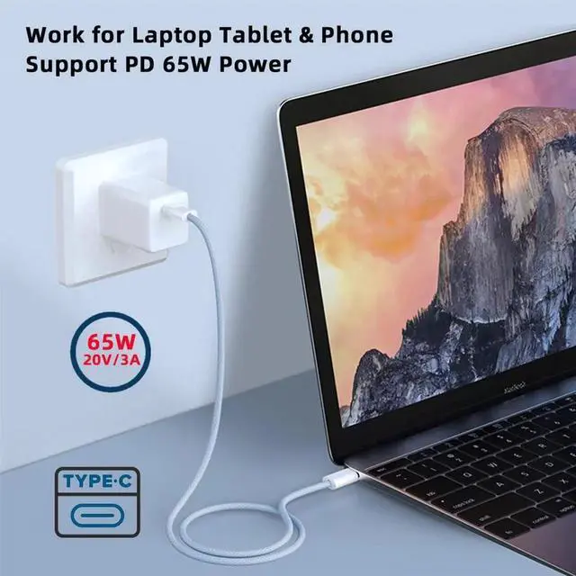 Alt view image 3 of 7 - AJMRTC Blue USBC Male to Male PD Charging Cable, 27W 65W Power Delivery Cord with 480Mbps Data Transfer, Protective Sleeve Included for Phone, Tablet, Laptop