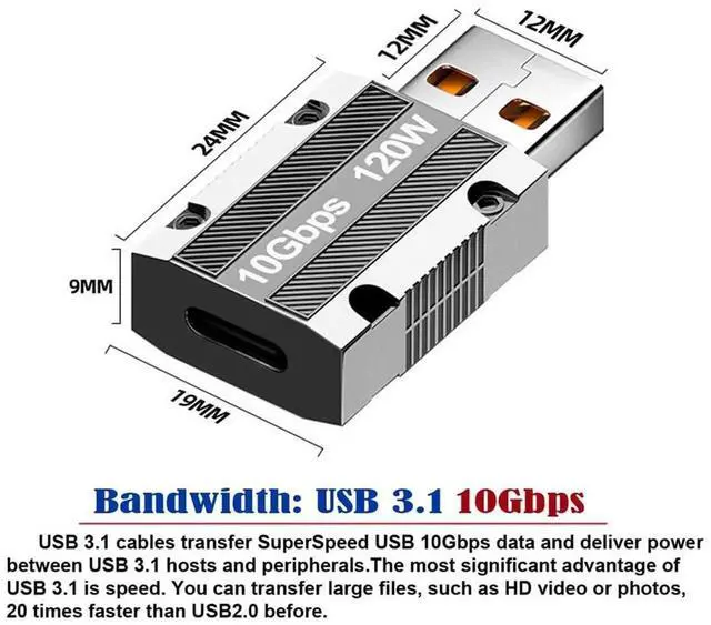 Alt view image 6 of 7 - AJMRTC USB 3.0 TypeA Male to USBC Female Adapter, 120W Power PassThrough 10Gbps USB3.1 Gen2 Data Converter, Alloy Shell Connector for Laptop, Tablet, Mobile Phone