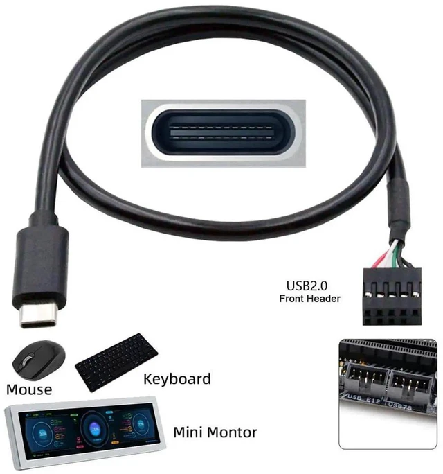 Alt view image 6 of 7 - AJMRTC USB 2.0 9Pin 10Pin Motherboard Header to USBC Cable 50cm, Internal Front Panel Adapter Cord for Mini Monitor, Sensor Panel, Camera, Small USBC Devices