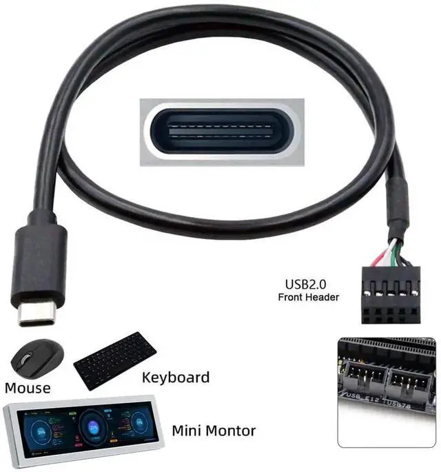 Alt view image 2 of 7 - AJMRTC USB 2.0 9Pin 10Pin Motherboard Header to USBC Male Cable 50cm, Internal FrontPanel Adapter Cord for Mini Monitor, Sensor Panel, Industrial Camera and Small USBC Peripherals