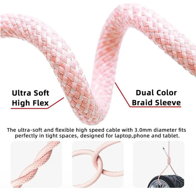 Alt view image 4 of 7 - AJMRTC USBC Male to Male PD Charging Cable 1M, Pink Woven Sleeve, Max 27W65W Power Delivery, USB2.0 480Mbps Data Sync Cord for Smartphones, Tablets and USBC Laptops