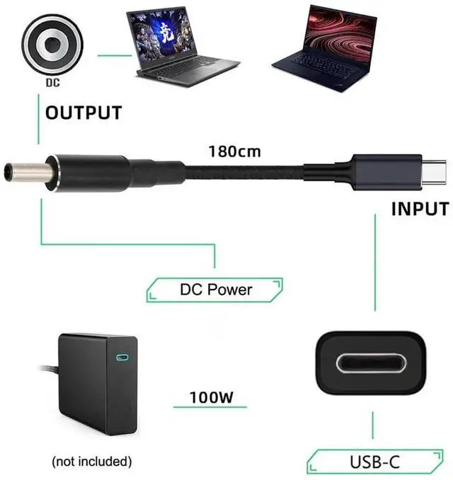 Alt view image 5 of 7 - AJMRTC USBC PD to DC 4.5*3.0mm Power Cable, 100W 20V Input 65W Output QC PD Fast Charging Cord, 1.8M TypeC Power Supply Converter Cable for DELL Laptops with DC 4.5×3.0mm Barrel Jack