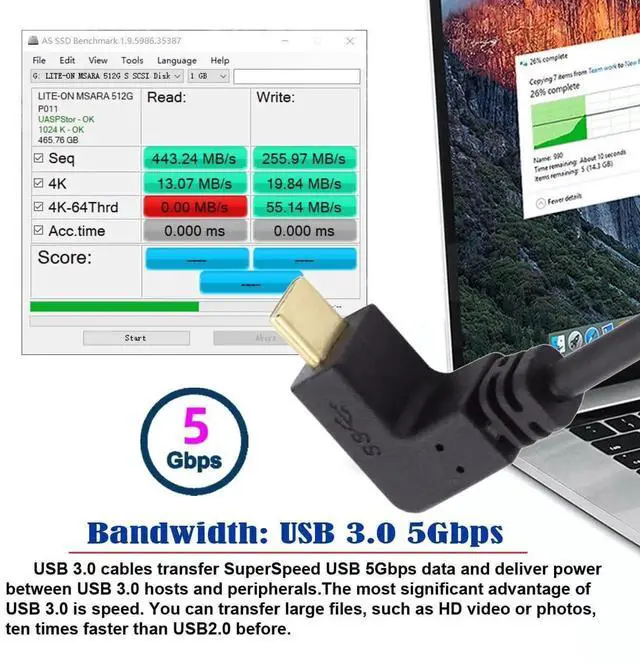 Alt view image 4 of 7 - AJMRTC USB 3.1 UpDown Angled USBC to 90 Degree Left Angled USBA Male to Male Data Cable, 10Gbps HighSpeed Sync Cord 100CM for Smartphones, Tablets, USBC & USBA Interface Devices