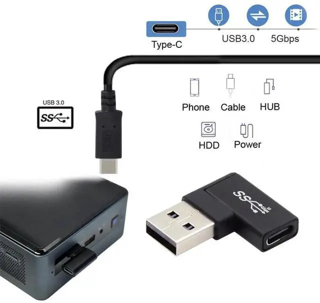 Alt view image 2 of 7 - AJMRTC 90 Degree Horizontal Right Angled USBC Female to USBA Male USB 3.0 Flat Adapter Cable, Right Angle Data & Charging Cord for Laptops, Desktops and USBC Peripherals