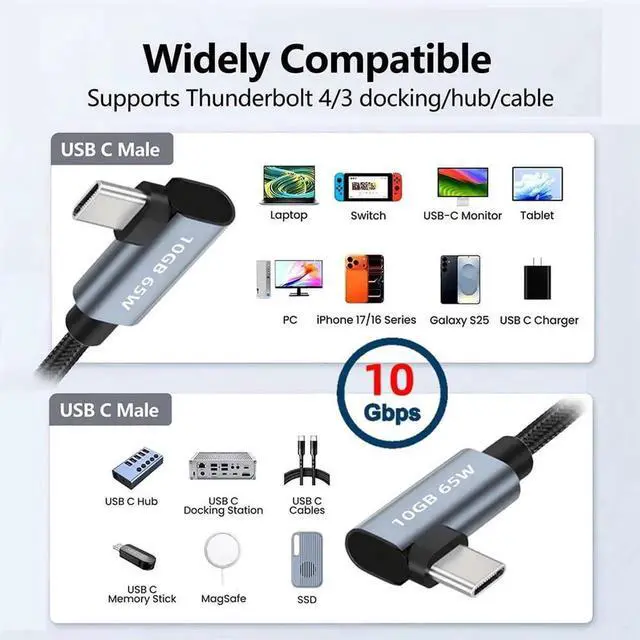 Alt view image 7 of 7 - AJMRTC 10Gbps USBC to USBC Cable 60CM, Dual 90 Degree Right Angle TypeC Male to Male Cord, 4K Video Output & PD 65W Fast Charging Data Cable for Laptops, Tablets, Smart Phones, Monitors