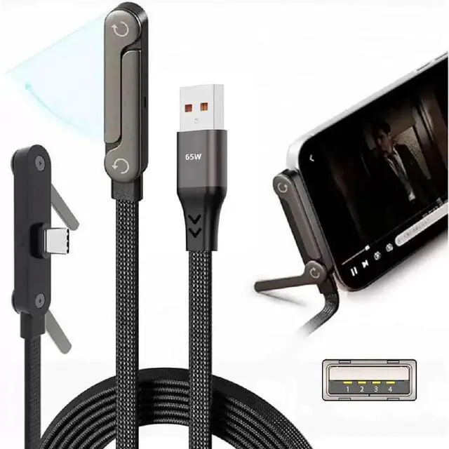 Alt view image 3 of 7 - AJMRTC 65W Foldable Fast Charging Cable 150CM, USBA Male to USBC Male Cord with Builtin Dual Phone Stand Holder, Durable MultiAngle Bracket Charger Cable for Smartphones, Tablets HandsFree Viewin