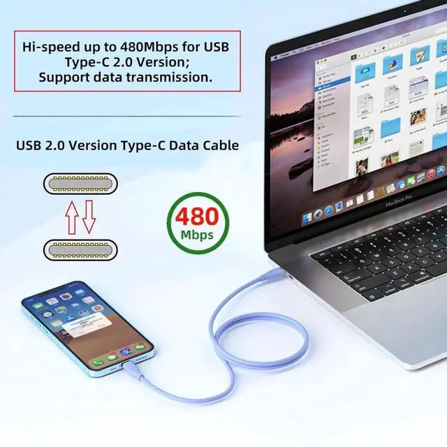Alt view image 4 of 7 - AJMRTC Colorful Purple USBC Male to Male 65W PD Charging Cable 1M, UltraSoft HighFlex Hyper Super Flexible Cord, 480Mbps USB2.0 Data Sync Cable for Laptops, Tablets, Smartphones USBC Powered Devic