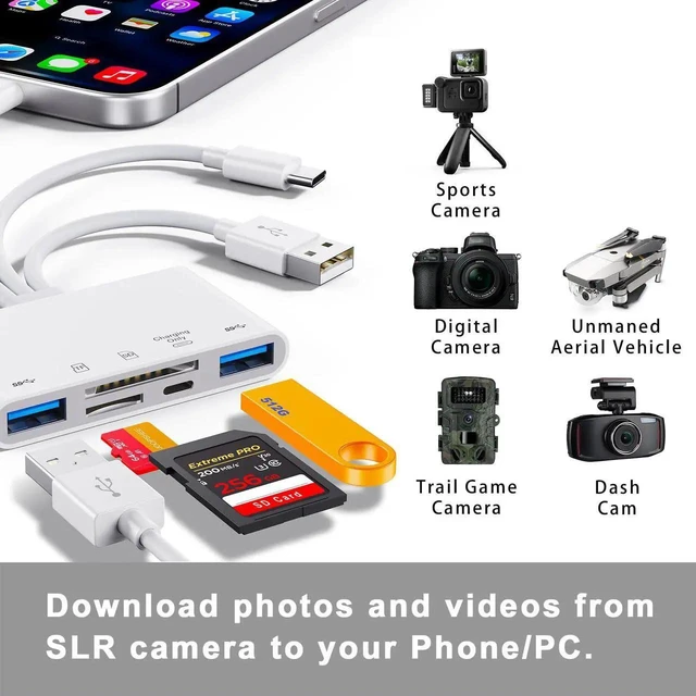 Alt view image 3 of 7 - AJMRTC 5in1 OTG Memory Card Reader Adapter, Lightning USBC USBA MultiPort SD TF Reader for iPhone iPad Android Mac PC, Supports SD SDHC SDXC MMC Micro SD, for Camera Dash Cam Drone Photo Transfer