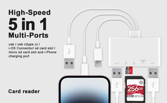 Alt view image 2 of 7 - AJMRTC 5in1 OTG Memory Card Reader Adapter, Lightning USBC USBA MultiPort SD TF Reader for iPhone iPad Android Mac PC, Supports SD SDHC SDXC MMC Micro SD, for Camera Dash Cam Drone Photo Transfer