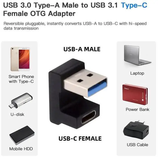 Alt view image 3 of 7 - AJMRTC Back Angled UShape USBC Female to USBA Male Adapter, USB 3.0 TypeC Converter, UShaped Reverse Bend Data & Charging Connector for Laptop, Desktop, Phone and USBC Peripherals