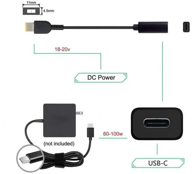 Alt view image 3 of 7 - AJMRTC USBC Female to Rectangle 11.0x4.5mm PD Emulator Trigger Charging Cable, DC 1820V Square Power Cord Replacement for ThinkPad X1 Carbon, Convert USBC PD Charger for Lenovo Laptop Power Supply