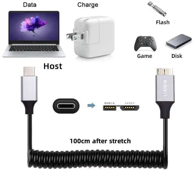 Alt view image 7 of 7 - AJMRTC 100cm Stretch Coiled OTG Cable, USBC Host Male to MicroUSB3.0 Male 5Gbps HighSpeed Data Sync Extension Cord for External Hard Disk, Smartphone, Camera, SSD, MicroUSB 3.0 Devices