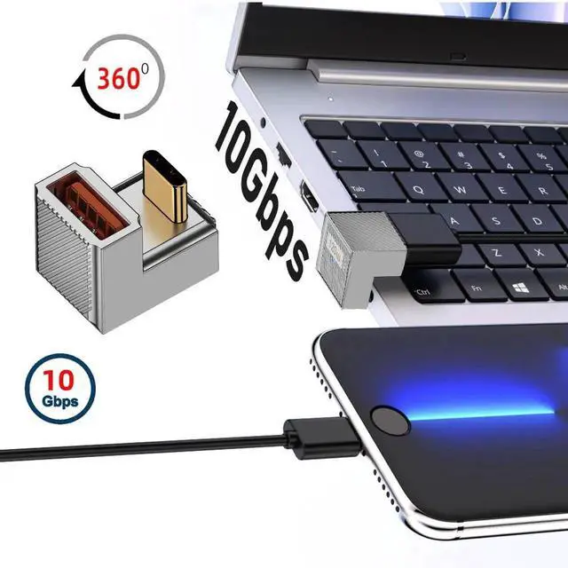 Alt view image 2 of 7 - AJMRTC Opposite UShape BackAngled USBC Male to USB3.0A Female OTG Adapter, USB3.1 Gen2 10Gbps Data 120W PD Power Delivery, Alloy Mecha Cyberpunk Style Converter for Laptop, Tablet, Smartphone, USB