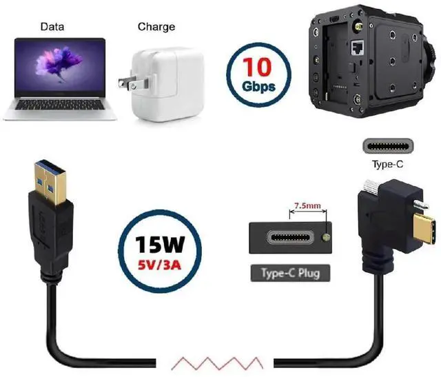 Alt view image 3 of 7 - AJMRTC 1M USB 3.1 TypeC Single Locking Screw LeftRight Angled to USB 3.0 TypeA Male to Male Cable, 5Gbps Data & Power Sync Cord for Industrial Camera, Machine Vision, VR Equipment