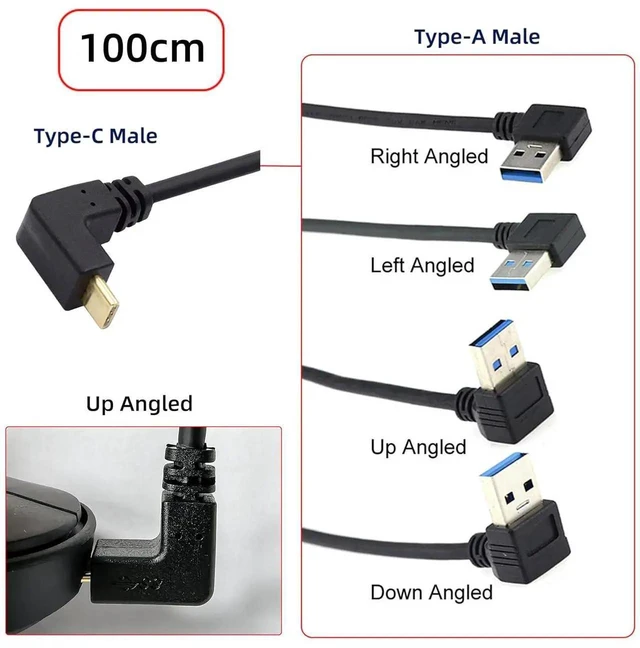 Alt view image 3 of 7 - AJMRTC 100cm USB 3.1 Gen2 Cable, UpDown Angled USBC Male to 90 Degree RightAngled USBA Male HighSpeed Data Sync Charging Cord for Android Tablets, Smartphones and USBA Host Devices