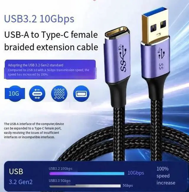 Alt view image 3 of 3 - AJMRTC 1M USB 3.1 TypeA Male to TypeC Female Extension Cable, 10Gbps HighSpeed Data Transfer & 5V 3A Fast Charging Extender Cord for Laptop, Car, Power Bank and USBC Supported Devices
