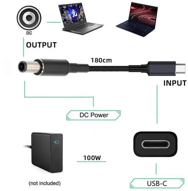 Alt view image 5 of 7 - AJMRTC USBC TypeC 100W 20V Input to DC 7.4*5.0mm PD 65W Output Charging Cable 1.8M, QC PD Power Converter Cord for HP Laptops