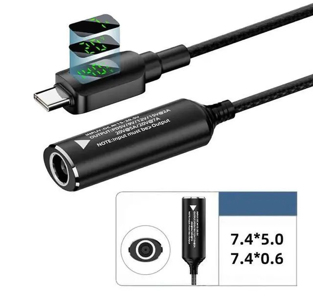 Alt view image 4 of 7 - AJMRTC 7.4x5.0mm DC Jack Input to USBC TypeC 140W Smart LED Display Charging Cable, PD 5V 9V 20V 7A DC Barrel Power Converter Cord for Laptops Phones