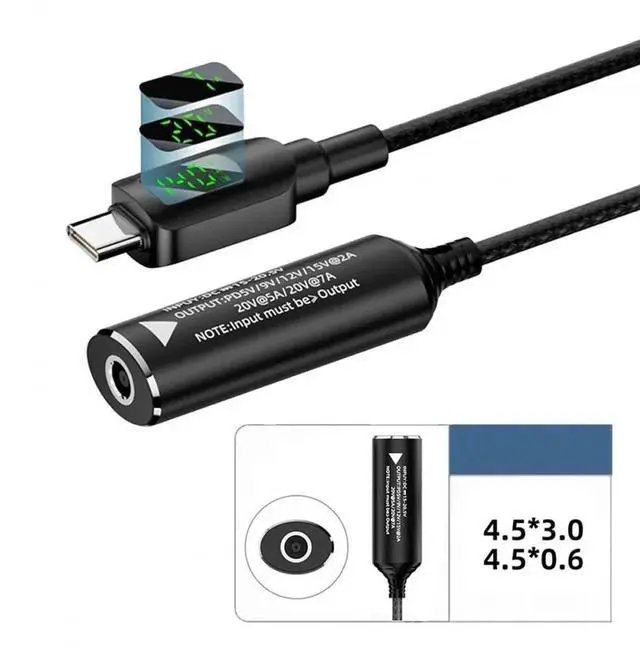 Alt view image 6 of 7 - AJMRTC 4.5x3.0mm DC Jack Input to USBC TypeC 140W Smart LED Display Charging Cable, PD 5V 9V 20V 7A DC Barrel Power Converter Cord for Laptops Phones