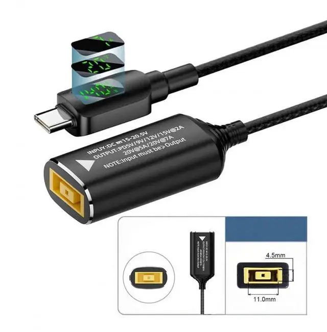 Alt view image 2 of 7 - AJMRTC Rectangle DC Jack for Thinkpad X1 Input to USBC TypeC 140W Smart LED Display Charging Cable, PD 5V 9V 20V 7A Power Converter Cord for Laptops Phones