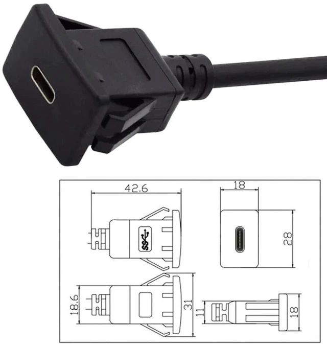 Alt view image 5 of 7 - AJMRTC Waterproof Dustproof USBC Flush LatchMount Extension Cable, USB3.1 Gen2 10Gbps PanelMount Cord for Car Dashboard, Truck, Boat and Motorcycle Installation
