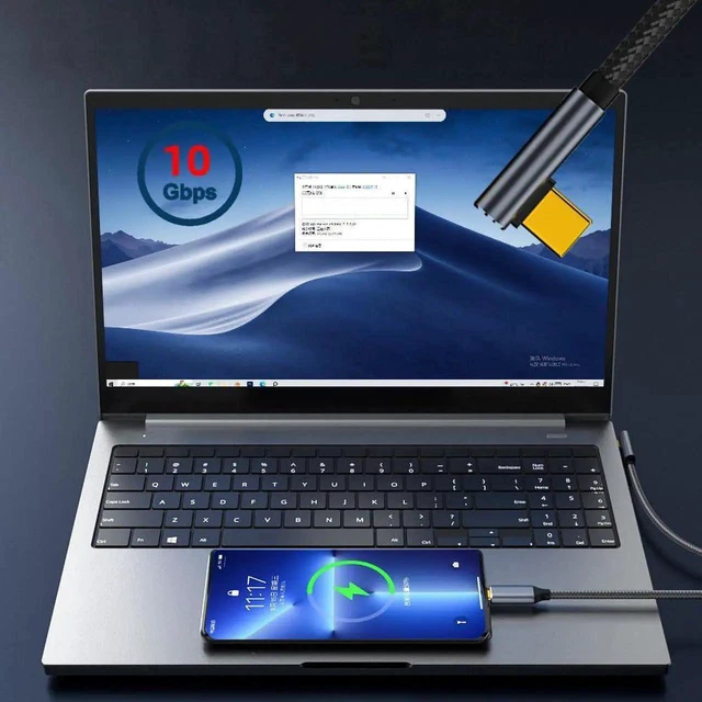 Alt view image 6 of 7 - AJMRTC 300CM 90Degree LowProfile Angled USBC Male to Male Cable, USB3.1 Gen2 10Gbps 100W PD FastCharging Data Cord for Laptops, Smartphones, External SSD and Docking Stations