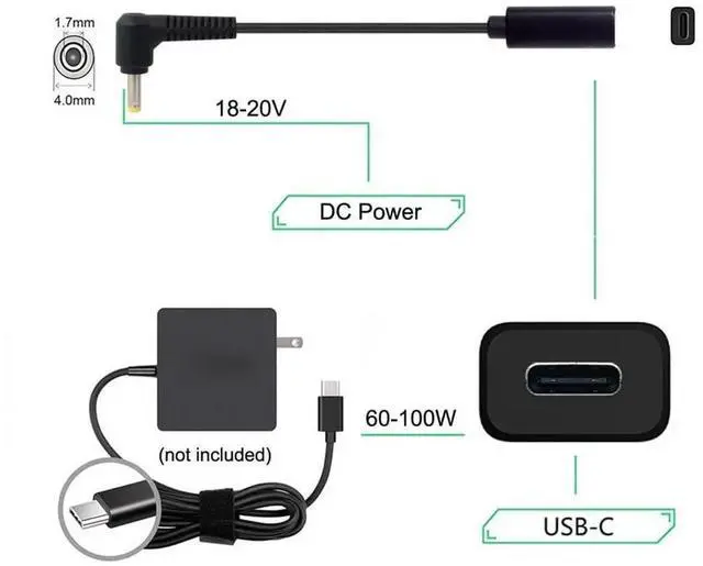 Alt view image 4 of 7 - AJMRTC USBC Female Input to DC 4.0 x 1.7mm PD Power Charging Cable,1820V PD Trigger Converter Cord for Laptops,Works with USBC PD Power Adapter & PD Power Bank