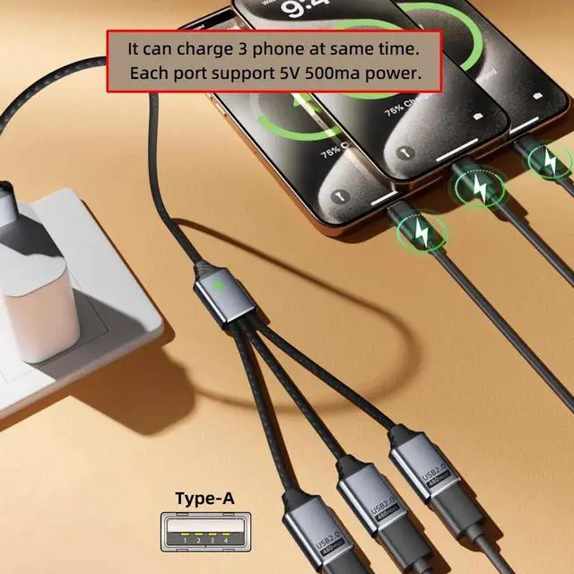 Alt view image 2 of 7 - AJMRTC USB 2.0 TypeA to 3Port Hub Cable, BusPowered 1to3 USB Splitter Data Cord for Laptop, Desktop, Phone, Mouse, Keyboard, Printer and External Disk Devices