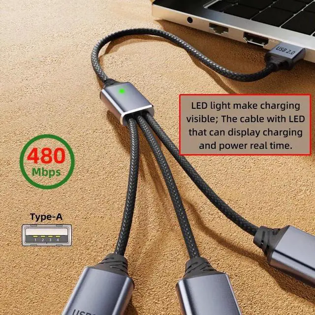 Alt view image 6 of 7 - AJMRTC USB 2.0 TypeA to 3Port Hub Cable, BusPowered 1to3 USB Splitter Data Cord for Laptop, Desktop, Phone, Mouse, Keyboard, Printer and External Disk Devices