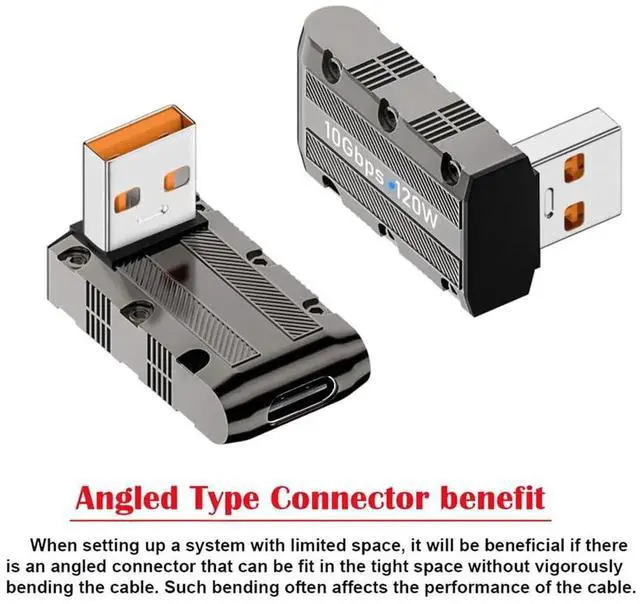 Alt view image 4 of 7 - AJMRTC UpAngled 90Degree LowProfile USB3.1 Gen2 Adapter, USB 3.0 TypeA Male to TypeC Female 10Gbps Data 120W FastCharge Converter, Mecha Cyberpunk Alloy Shell for Laptops, Phones and Storage Dev