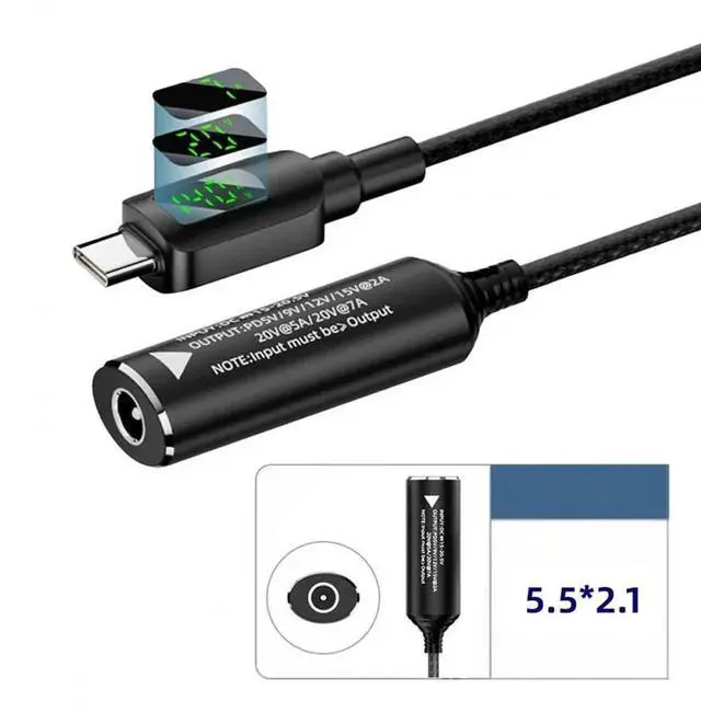 Alt view image 3 of 7 - AJMRTC DCJack 5.5x2.1mm Female Input to USBC Male 140W PD Power Cable, Smart RealTime LED Digital Display Supports 5V 9V 20V 7A for USBC Laptops, Tablets and Smart Phones