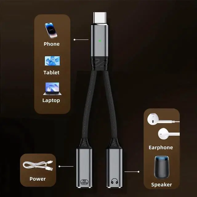 Alt view image 3 of 7 - AJMRTC USBC Male to Dual USBC Female Splitter Cable, Builtin DAC AUX Audio 16bit 48kHz & 100W PD PassThrough Charging Cord for USBC Laptops, Tablets, Smart Phones and Digital AudioEnabled Periph