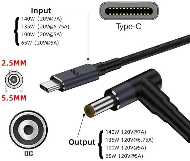 Alt view image 2 of 7 - AJMRTC USBC Female to DC 5.5x2.5mm PD Trigger Power Cable, 20V Output 65W 100W 135W 140W, USBC PD Charger to DC Jack Converter Cord for Compatible Laptops Power Supply
