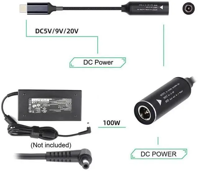 Alt view image 2 of 7 - AJMRTC DC Jack 5.5x2.5mm to USBC TypeC Power Cable, Max 100W PD Charging Cord, Support 5V 9V 20V Voltage, DC Input to USBC PD Converter Cable for Laptops and Smart Phones Power Supply