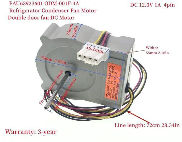 Alt view image 5 of 7 - EAU63923601 ODM-001F-4A Refrigerator Condenser Fan Motor, DC12V 1A 4-Wire 4-Pin DC Motor for LG Haier Refrigerator, Replaces AP6317195 PS12383669 EAP12383669 LFXS26596S