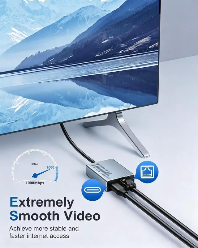 Alt view image 5 of 7 - AJMRTC USB-C to RJ45 Ethernet Adapter 100Mbps, 2-in-1 Type-C LAN Network Dongle with PD 100W Pass-Through Charging & USB-C Aux Power Port for Laptop, Tablet, PC, Windows macOS Android