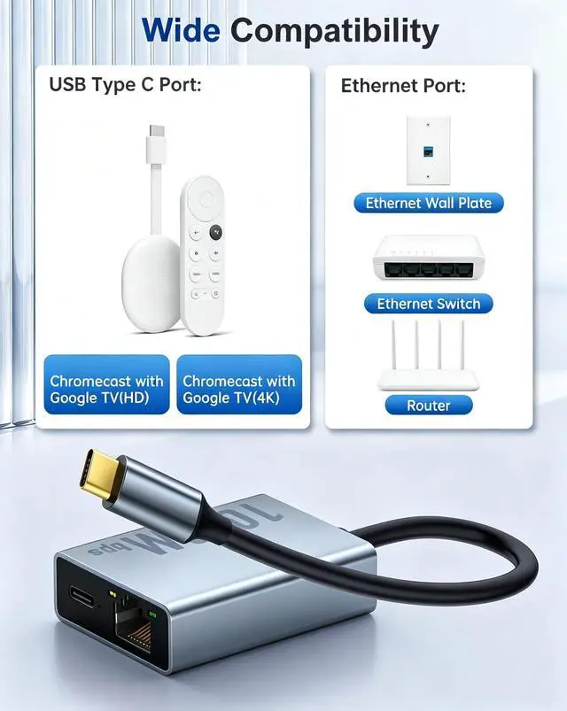 Alt view image 4 of 7 - AJMRTC USB-C 2-in-1 Ethernet Adapter, 1000Mbps RJ45 Gigabit LAN Port with PD 100W Pass-Through Charging, Type-C to Gigabit Ethernet Converter with USB-C Auxiliary Power Port for Laptop Tablet PC,black