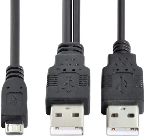 Main image of AJMRTC Dual USB 2.0 TypeA Male to Micro USB 5Pin Male YCable, Extra Power Supplement Data Sync Cord 60cm, for 2.5" Hard Disk Drive, Portable SSD, Camera, MP4, External USB Devices
