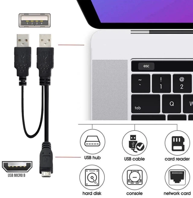 Alt view image 4 of 7 - AJMRTC Dual USB 2.0 TypeA Male to Micro USB 5Pin Male YCable, Extra Power Supplement Data Sync Cord 60cm, for 2.5" Hard Disk Drive, Portable SSD, Camera, MP4, External USB Devices