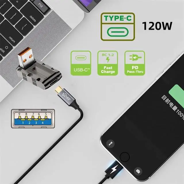 Alt view image 2 of 7 - AJMRTC 90 Degree Down Angled USBC Female to USBA Male Adapter, USB 3.1 Gen2 10Gbps Data 120W Fast Charging, LowProfile Mecha Cyberpunk Style Converter for Laptop PC Power Bank USBC Devices