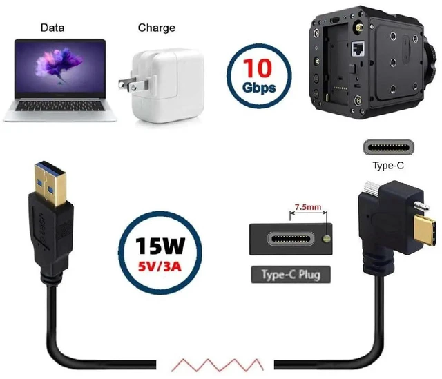 Alt view image 4 of 7 - AJMRTC 1M 90Degree LeftRight Angled USB 3.1 TypeC Male with Single Locking Screw to USB3.0 TypeA Male Cable, IndustrialGrade Data & Power Cord for Machine Vision Camera, Embedded Equipment