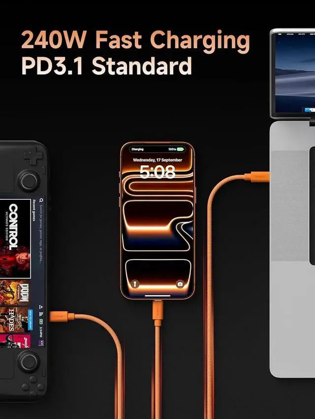 Alt view image 6 of 7 - AJMRTC Wedge Joint USBC to USBC Cable 0.5FT Orange, 240W PD Fast Charging Flexible USBC Cord, 480Mbps Data Transfer Short Cable for iPhone 17 16 15 Pro Max, MacBook Pro Air, USBC Enabled Devices