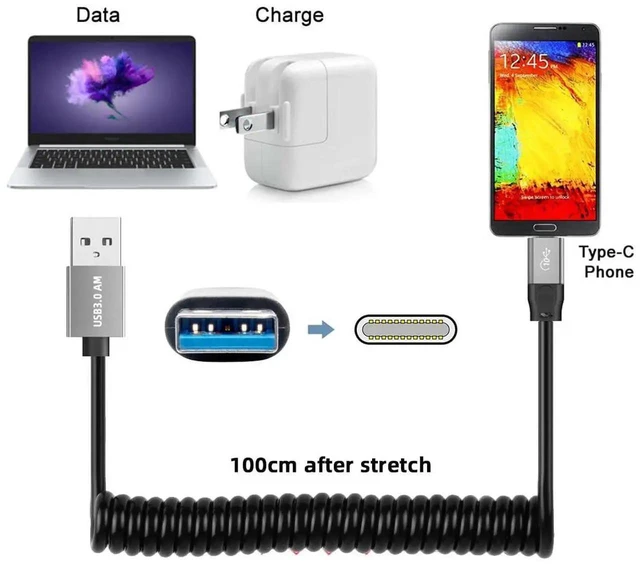 Alt view image 4 of 7 - AJMRTC 100cm Coiled USB 3.0 TypeA Male to USBC Male OTG Cable, 5Gbps Stretch Spring Extension Cord for External Hard Drive, Phone, Camera, Tablet, HighSpeed Data Sync Transfer Cable